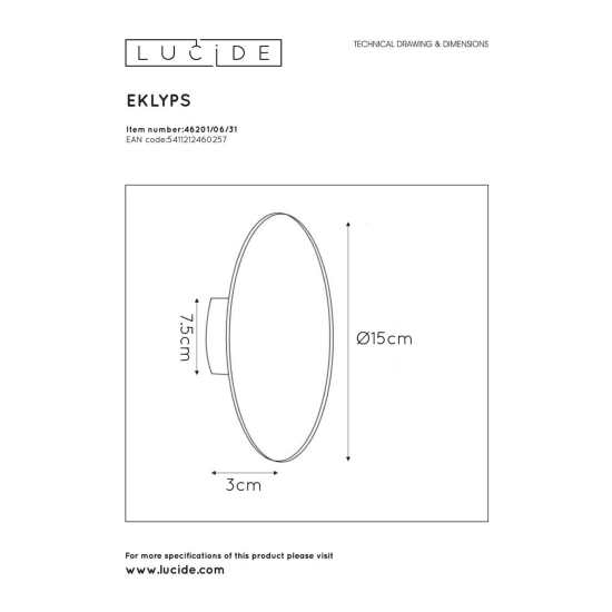 Kinkiet EKLYPS Ø 15 cm LED 1x6W 3000K biały 46201/06/31 Lucide - zdjęcie dodatkowe 5